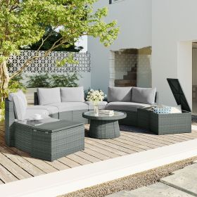 10-Piece Outdoor Sectional Half Round Patio Rattan Sofa Set, PE Wicker Conversation Furniture Set for Free Combination, Light Gray