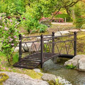 3.3' Classic Garden Bridge Metal Arch Zen Footbridge with Safety Siderails, Decorative Footbridge, Delicate Scrollwork & Corner Spheres for Stream