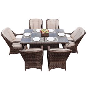 Direct Wicker Patio 7-Piece Brown Wicker Dining Set with Rattan Table and Armchair (Table Shape: Rectangle)